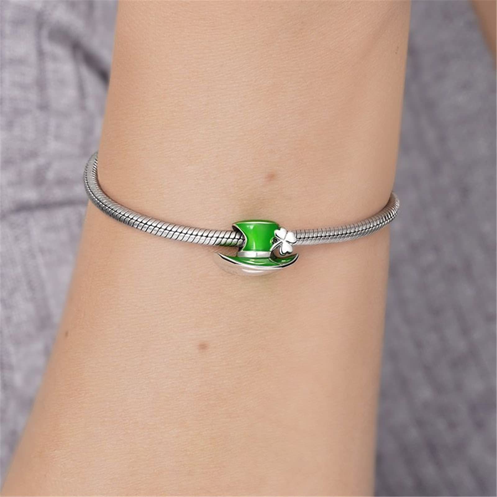 GNOCE Green Hat Charm Bead 925 Sterling Silver with Transparent Green Enamels Gift for St Patrick's Day