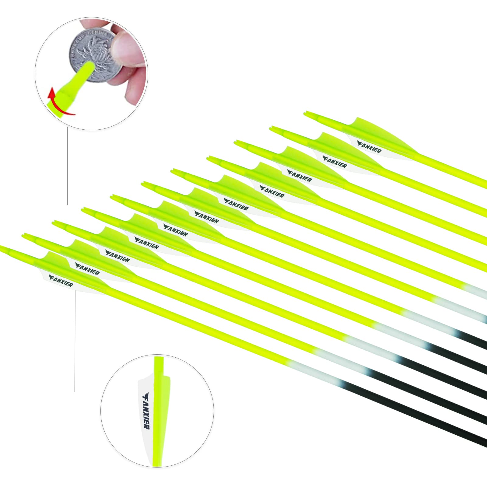 Fanxier 30-Inch Carbon Arrow Hunting Target Practice Arrow，with Quiver, Detachable Tip, Suitable for Compound Bow & Recurve Bows (12 Pcs Arrow + Quiver)