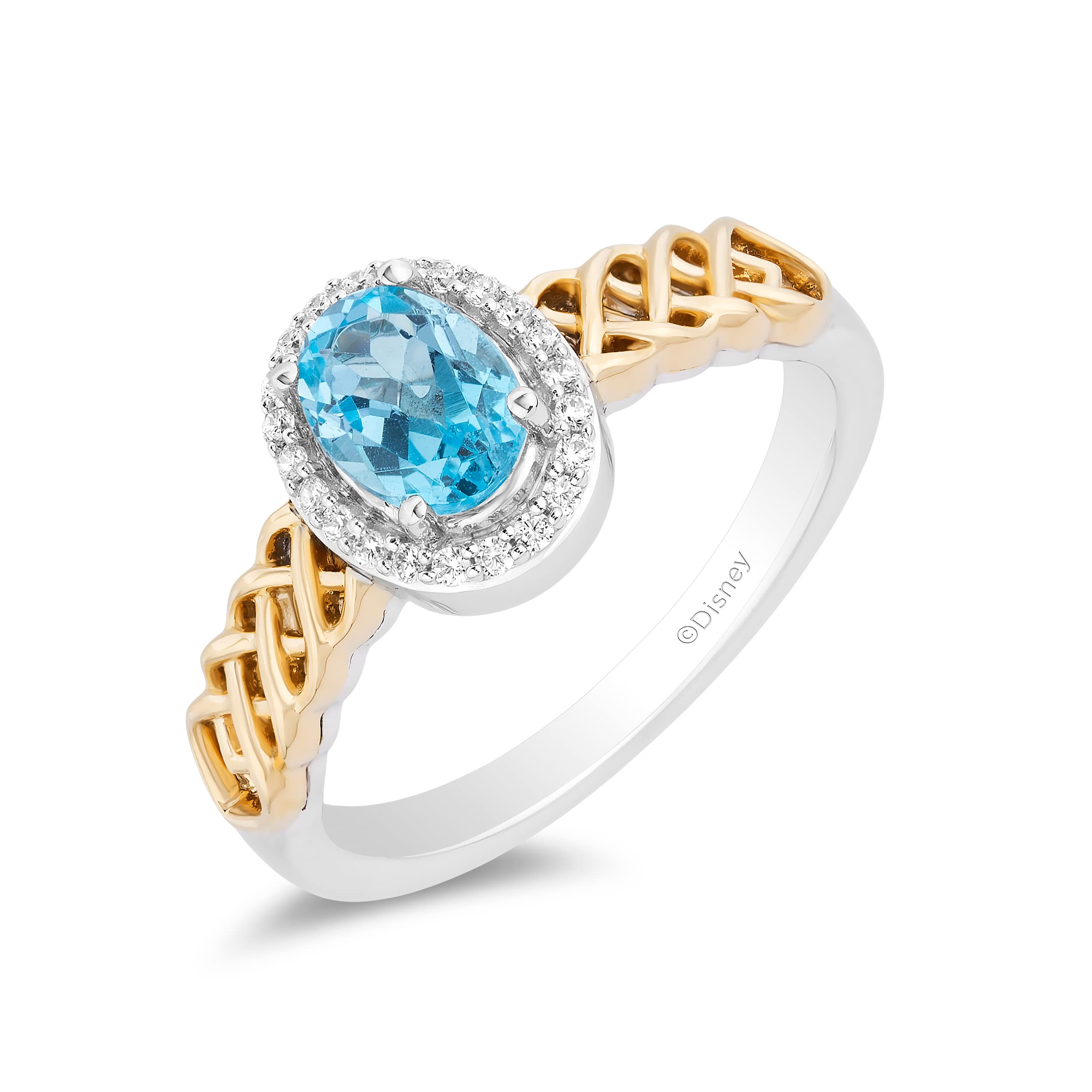 Jewelili Enchanted Disney Fine Jewelry Sterling Silver and 10K Yellow Gold with 1/10 CTTW Diamond and Swiss Blue Topaz Brave 10th Anniversary Collectors Merida Halo Ring