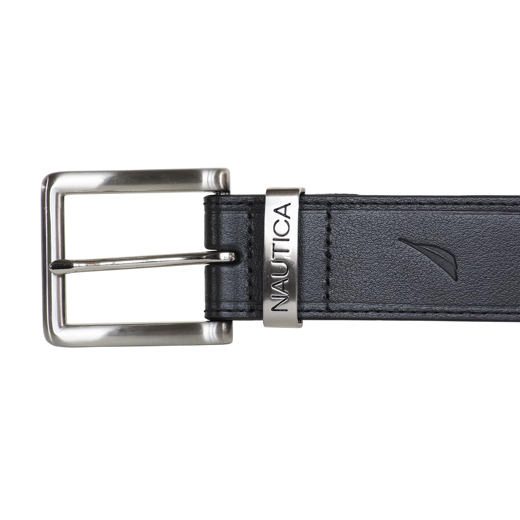 Nautica Men Casual and Dress Leather Belt with Metal Buckle, Engraved Keeper-Black, 34"