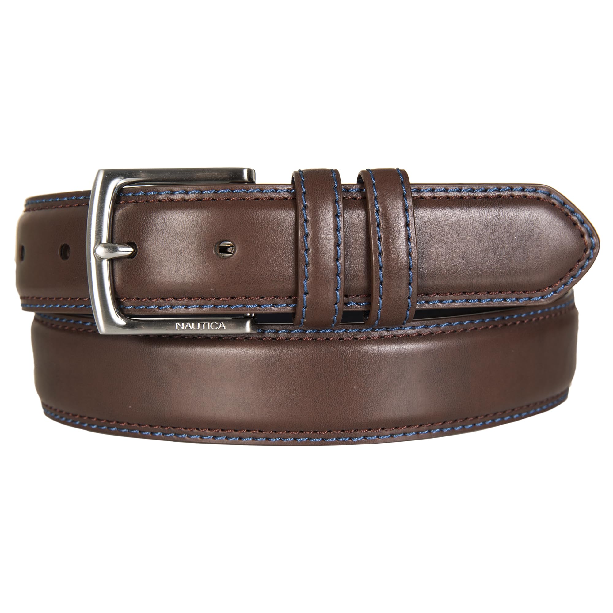 Nautica Men Bold Fashion and Dress Leather Belt with Metal Buckle, Logo Inlay Double Keeper-Brown, 34"