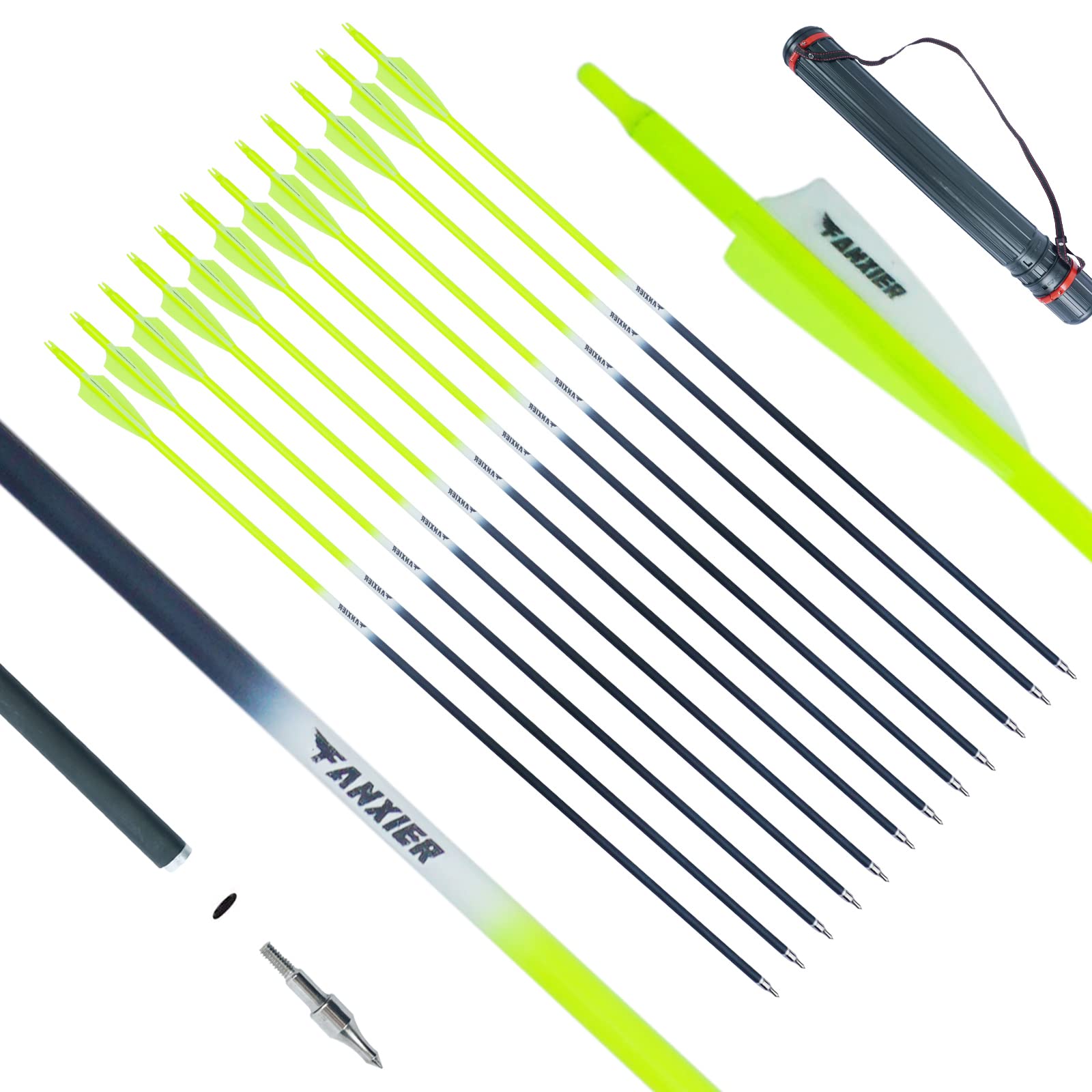 Fanxier 30-Inch Carbon Arrow Hunting Target Practice Arrow，with Quiver, Detachable Tip, Suitable for Compound Bow & Recurve Bows (12 Pcs Arrow + Quiver)