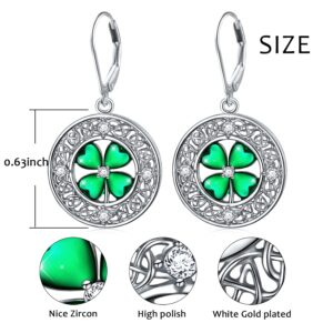 Shamrock Earrings Sterling Silver St Patrick’s Day Earrings Celtic Knot Leverback Earring Four Leaf Clover Earrings Green Irish Jewelry Gifts