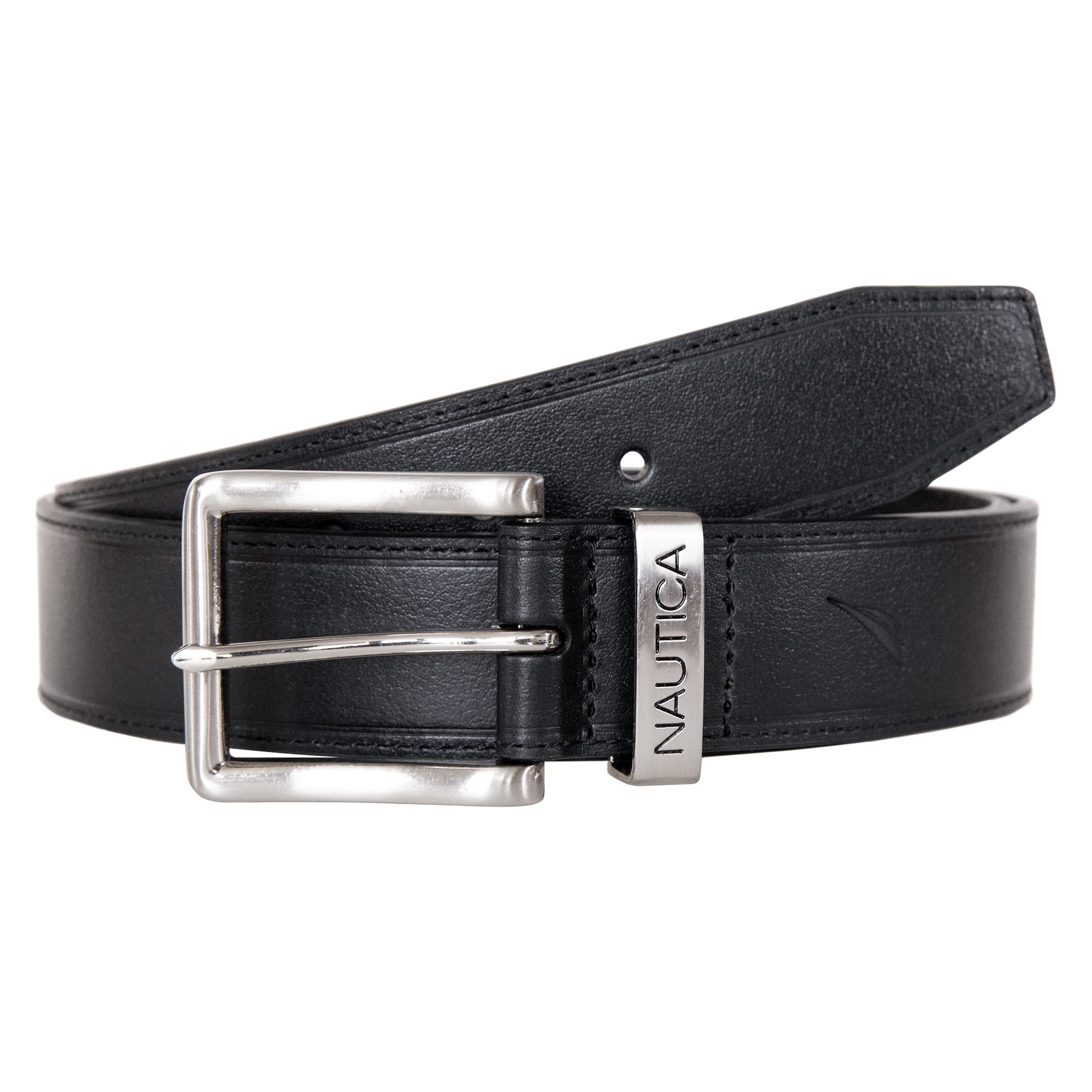 Nautica Men Casual and Dress Leather Belt with Metal Buckle, Engraved Keeper-Black, 34"