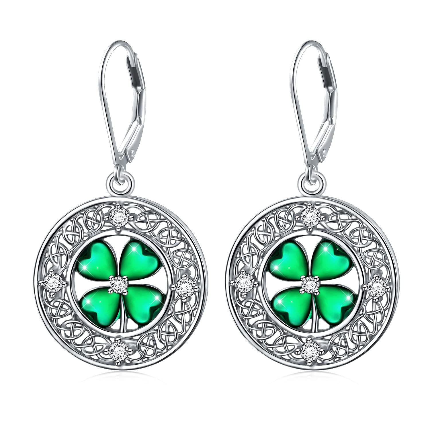 Shamrock Earrings Sterling Silver St Patrick’s Day Earrings Celtic Knot Leverback Earring Four Leaf Clover Earrings Green Irish Jewelry Gifts