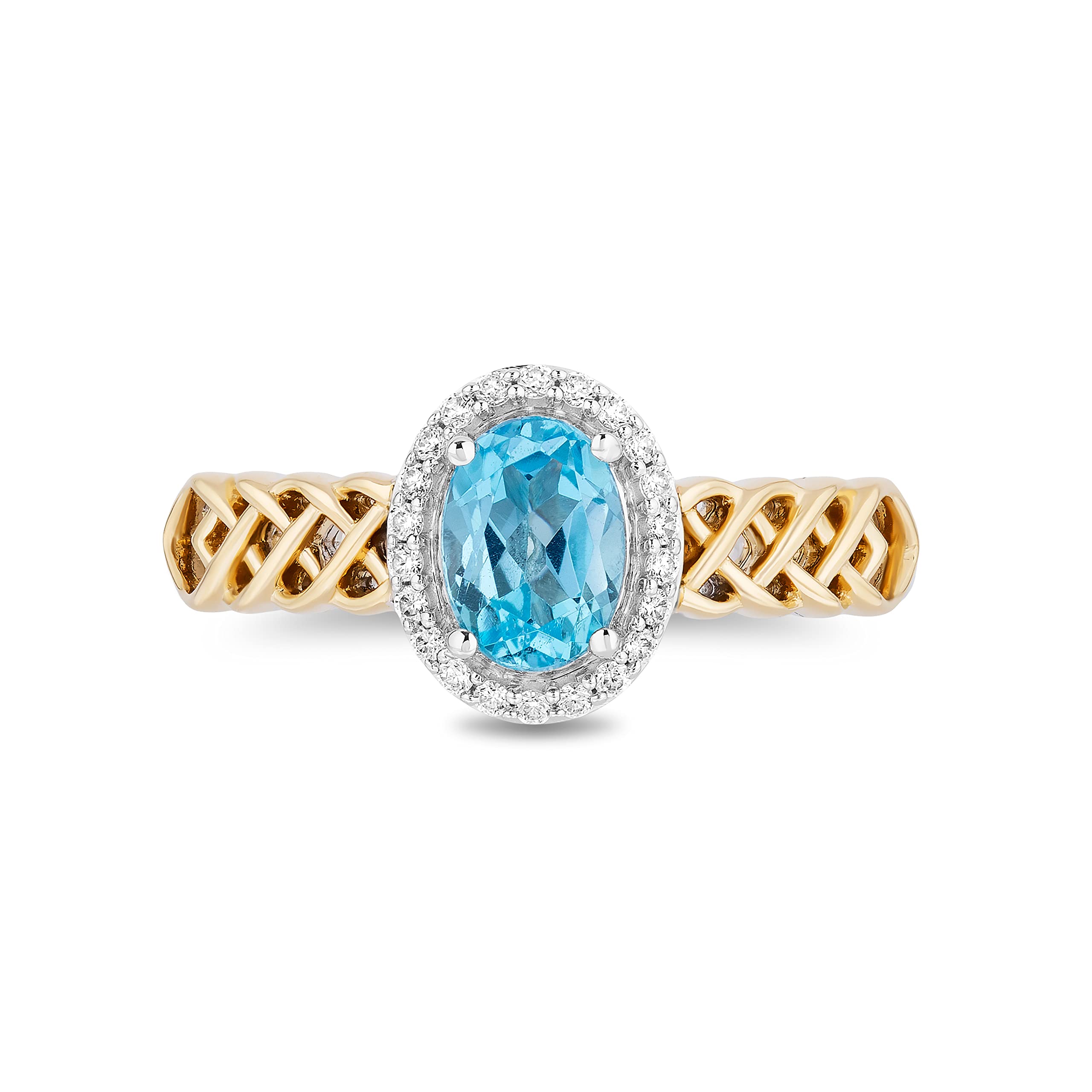 Jewelili Enchanted Disney Fine Jewelry Sterling Silver and 10K Yellow Gold with 1/10 CTTW Diamond and Swiss Blue Topaz Brave 10th Anniversary Collectors Merida Halo Ring