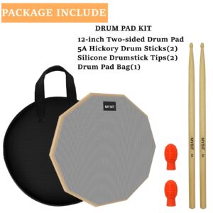 MySit 12-Inch Drum Practice Pad and Sticks Set With 2pcs Silicone Drumstick Mute Tips, Double Sided Silent Snare Drum Pads With 5A Drum Sticks & Storage Bag for Real Feel Practice Drumming-Grey