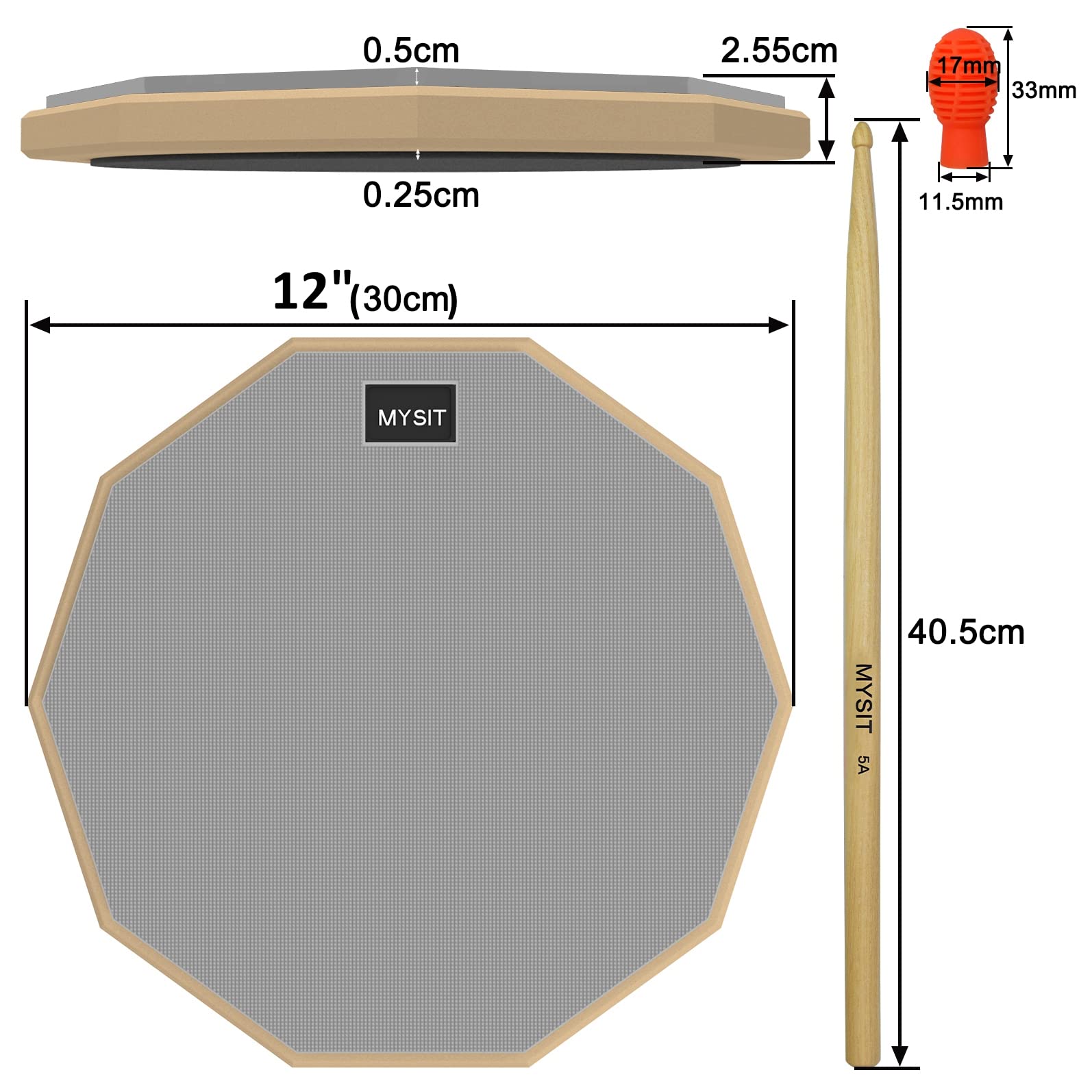 MySit 12-Inch Drum Practice Pad and Sticks Set With 2pcs Silicone Drumstick Mute Tips, Double Sided Silent Snare Drum Pads With 5A Drum Sticks & Storage Bag for Real Feel Practice Drumming-Grey