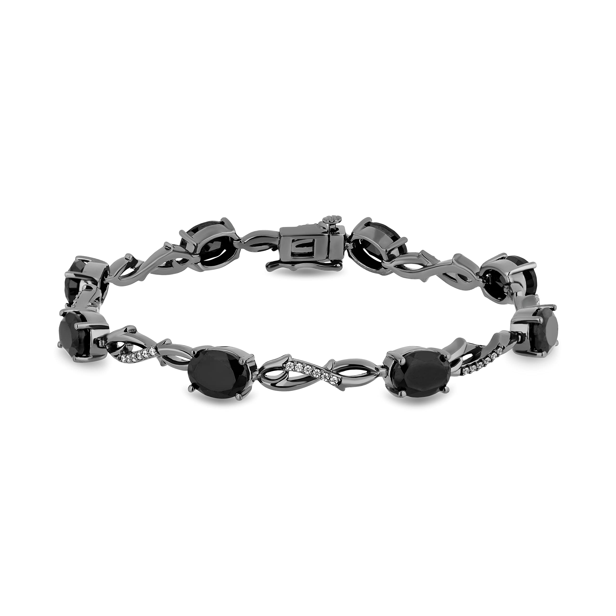 Jewelili Enchanted Disney Fine Jewelry Black Rhodium over Sterling Silver 8x6 MM Oval Shape Black Onyx and 1/4 Cttw Natural White Round Diamond Maleficent Bracelet