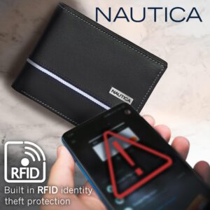 Nautica Mens Classic Leather Bifold Rfid (Available In Smooth Or Pebble Grain) Wallet, Logo Ribbon - Brown