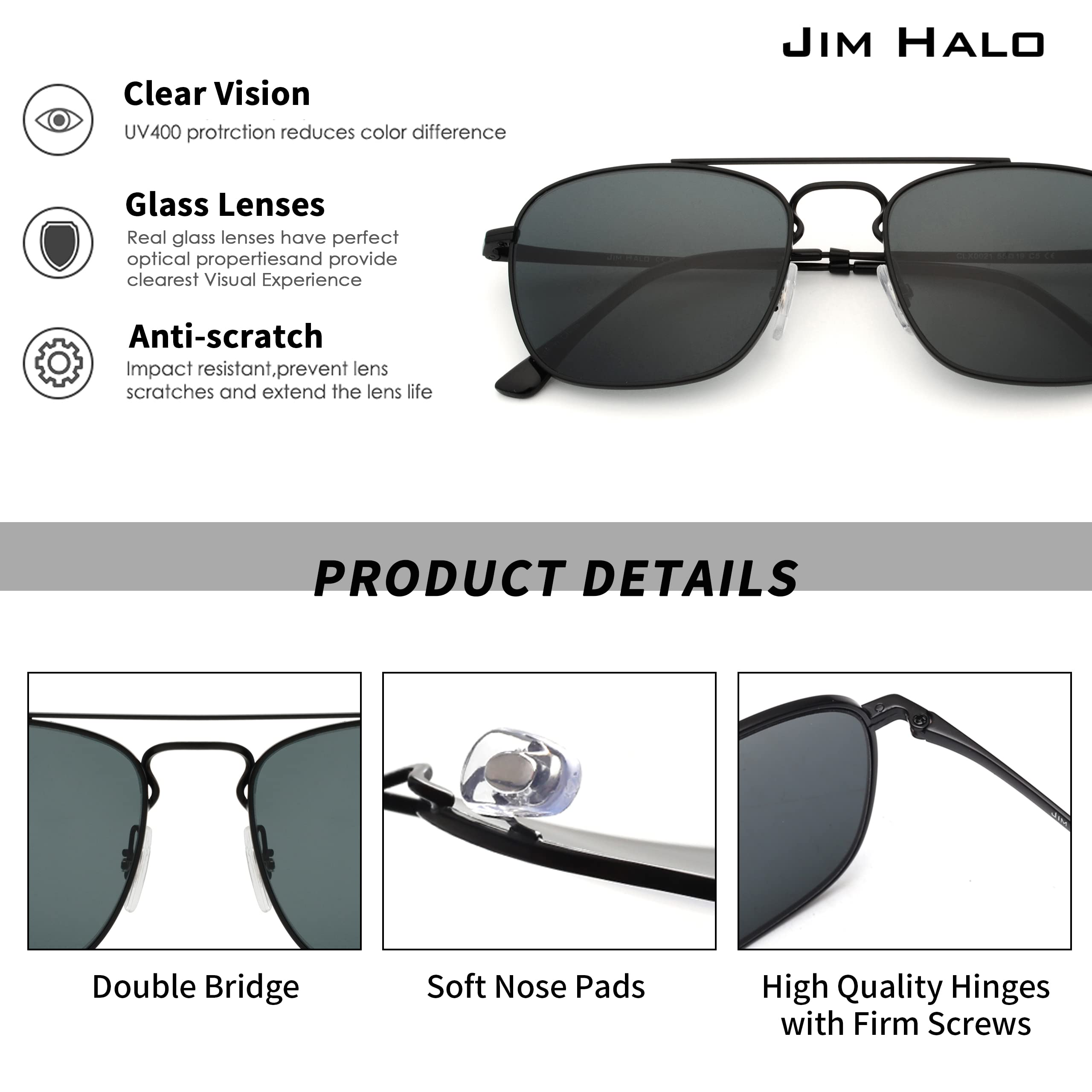 JIM HALO Retro Square Aviator Sunglasses Premium Glass Lens Flat Metal Eyewear Men Women (Black/Grey)