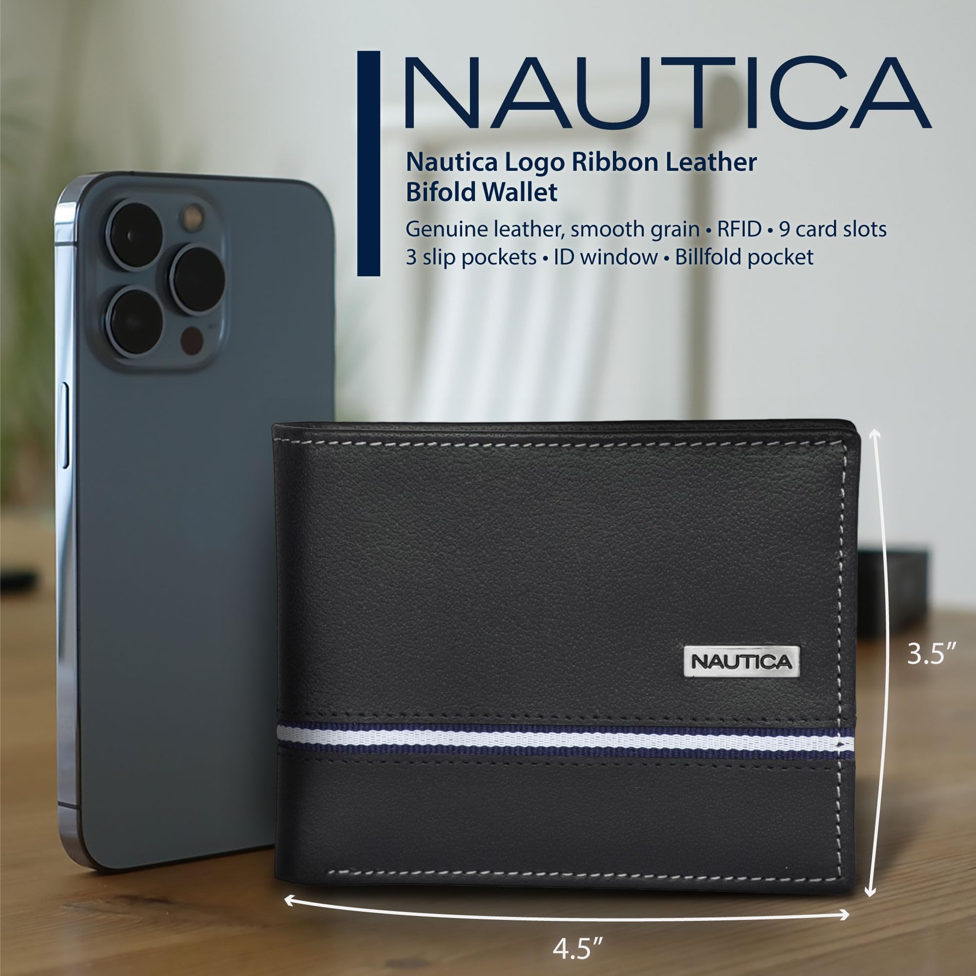 Nautica Mens Classic Leather Bifold Rfid (Available In Smooth Or Pebble Grain) Wallet, Logo Ribbon - Brown