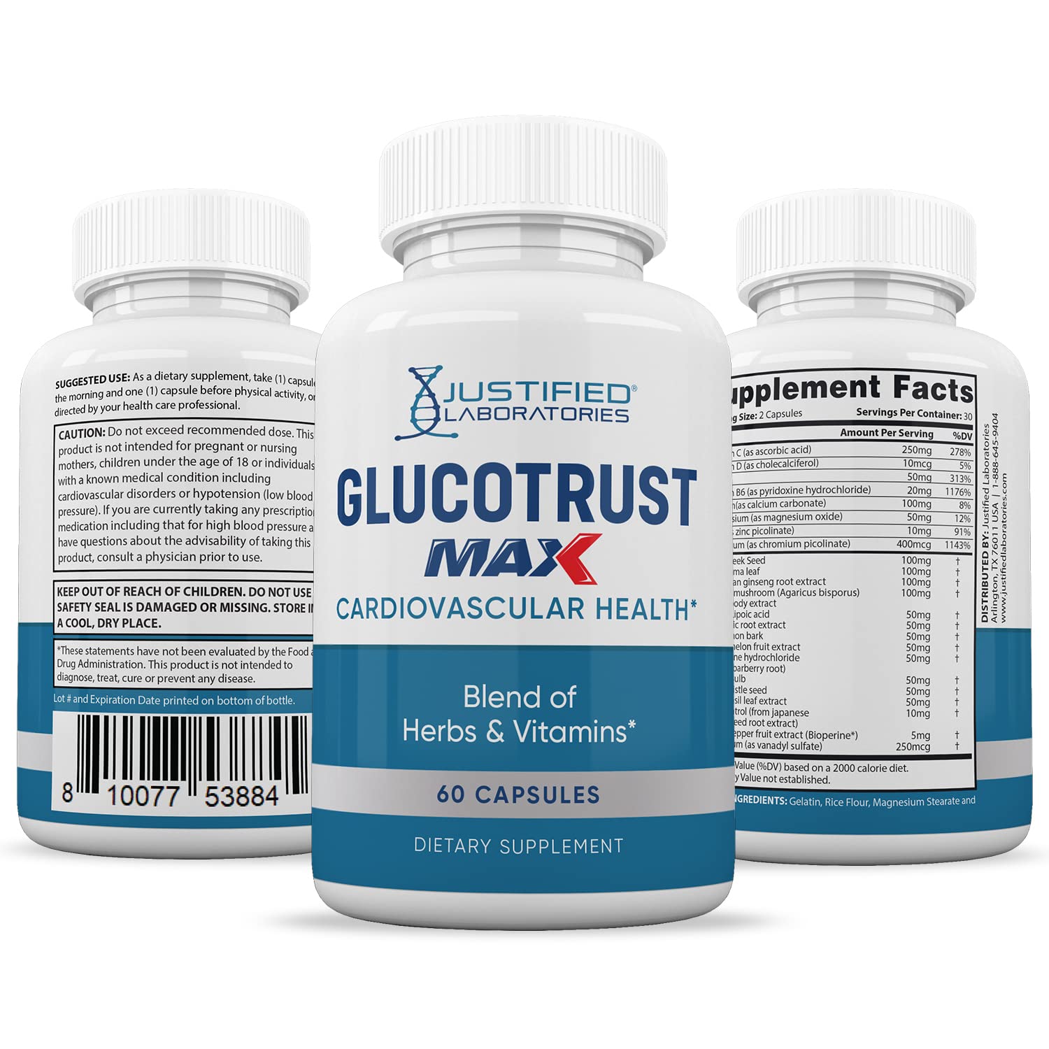 Justified Laboratories (3 Pack) Glucotrust Max 1295MG Formula Supplement Pills 180 Capsules