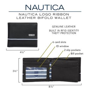 Nautica Mens Classic Leather Bifold Rfid (Available In Smooth Or Pebble Grain) Wallet, Logo Ribbon - Brown