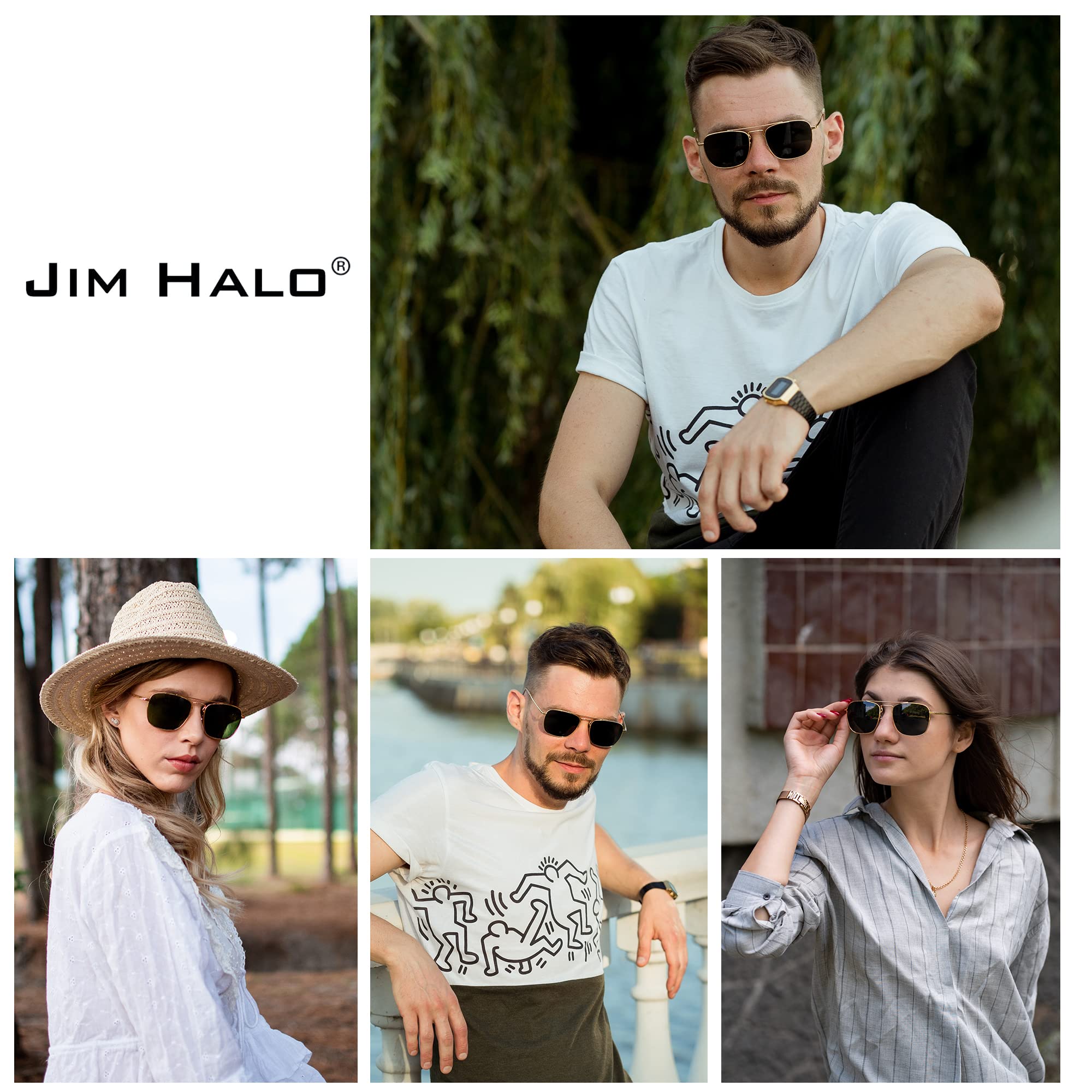 JIM HALO Retro Square Aviator Sunglasses Premium Glass Lens Flat Metal Eyewear Men Women (Black/Grey)