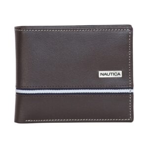 nautica mens classic leather bifold rfid (available in smooth or pebble grain) wallet, logo ribbon - brown