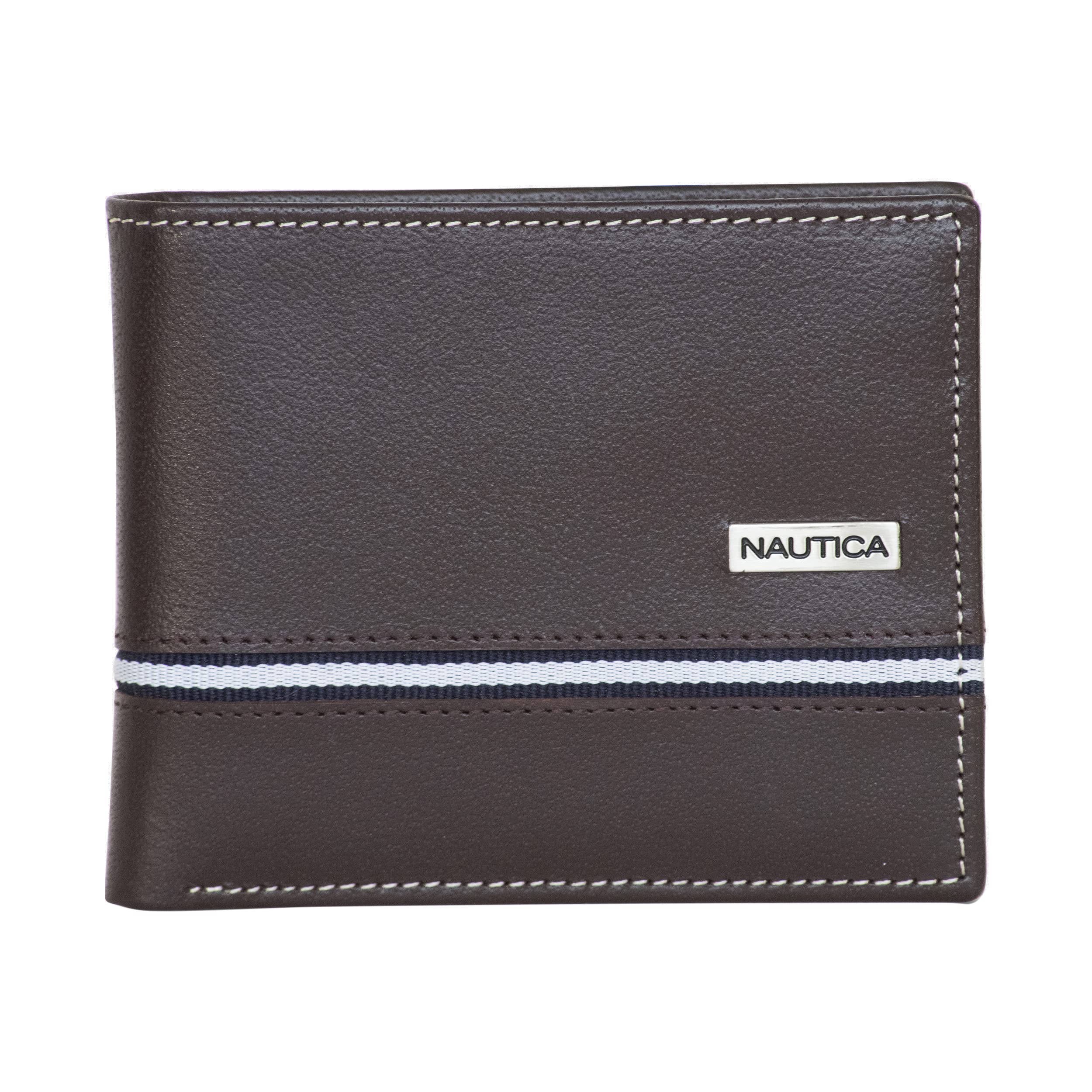 Nautica Mens Classic Leather Bifold Rfid (Available In Smooth Or Pebble Grain) Wallet, Logo Ribbon - Brown