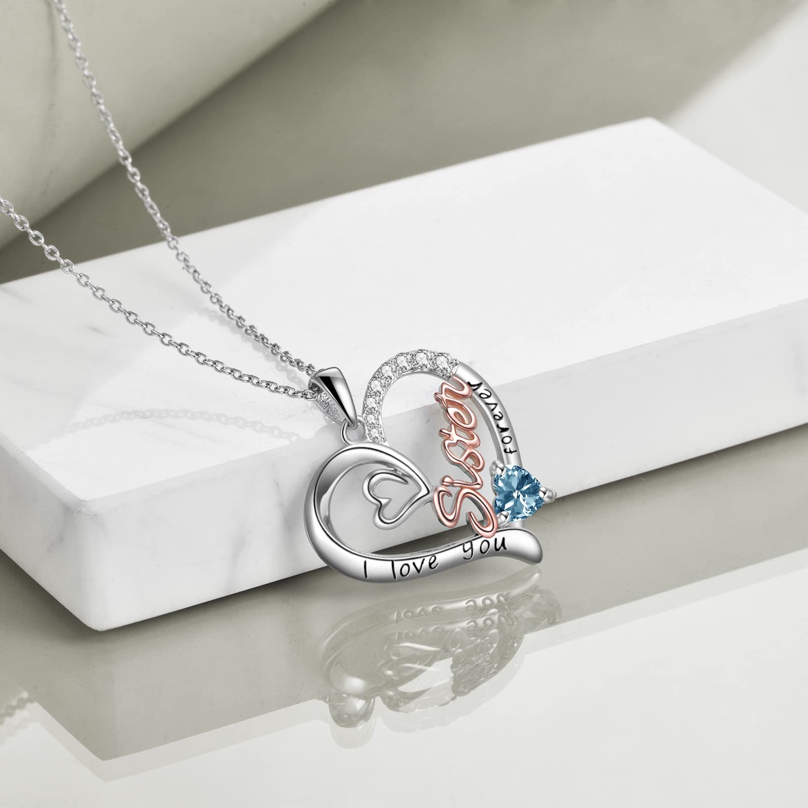 POTOPYY Gifts for Sister Sterling Silver Sister Necklace March Birthstone Pendant, I Love You Forever Necklace Sister Jewelry Gifts for Sisters Women Friend Birthday Christmas Mothers Day, 18+2 Inch