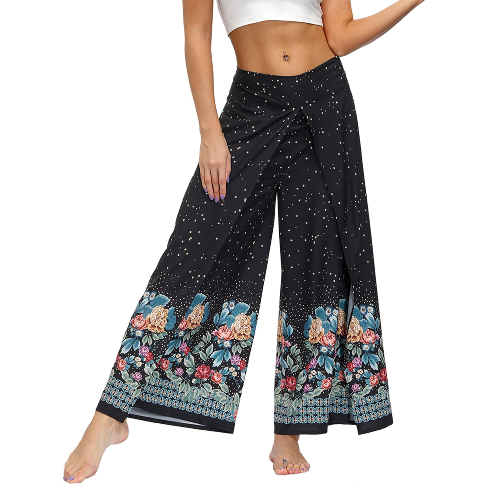 Lu's Chic Women's Palazzo Gaucho Flowy Yoga Pant Boho Flowy Split Side Slit Wide Leg Bohemian Slitted Summer Beach Long Lounge Bottoms Elastic Waist Hippie Print Printed Patterned2 Small-Medium