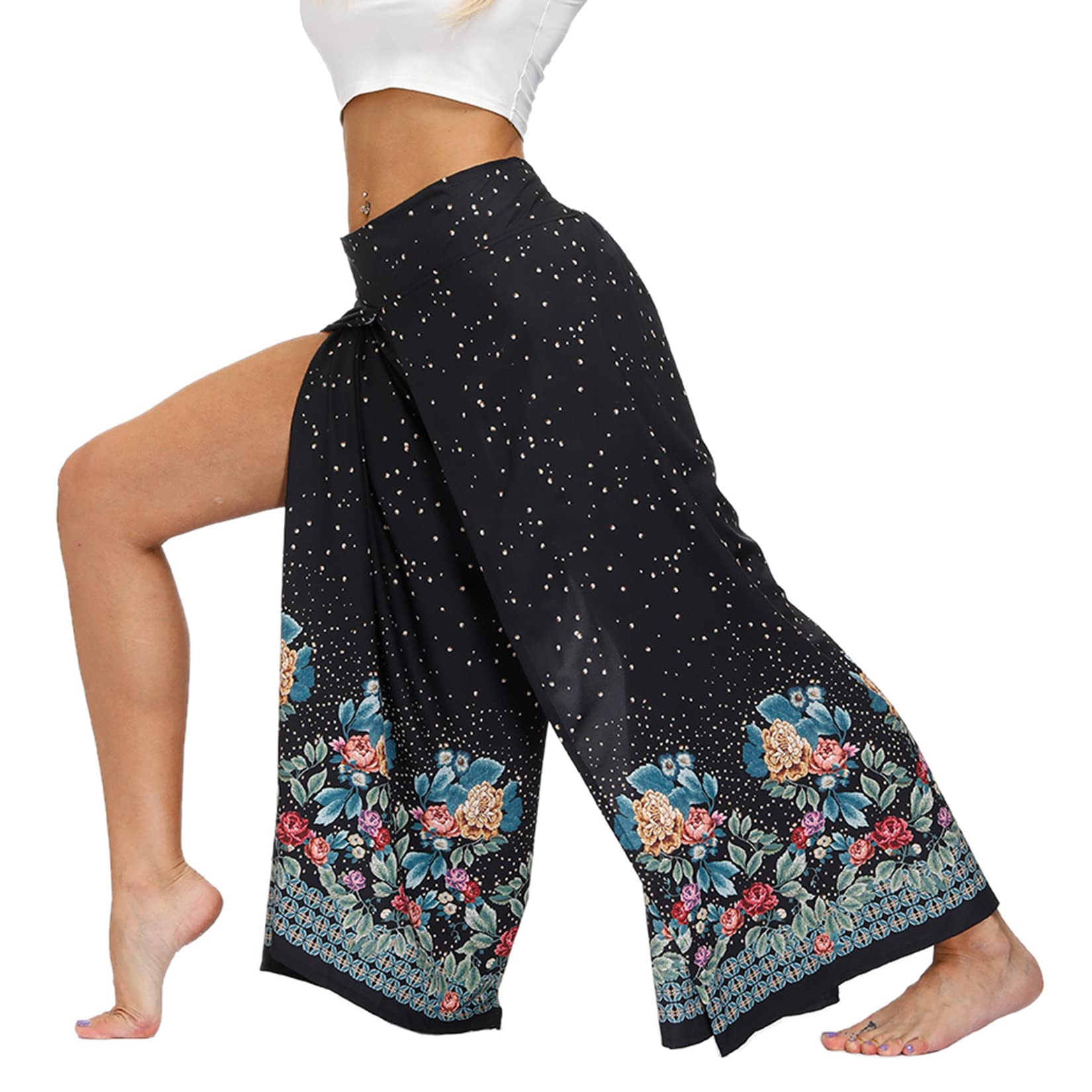 Lu's Chic Women's Palazzo Gaucho Flowy Yoga Pant Boho Flowy Split Side Slit Wide Leg Bohemian Slitted Summer Beach Long Lounge Bottoms Elastic Waist Hippie Print Printed Patterned2 Small-Medium