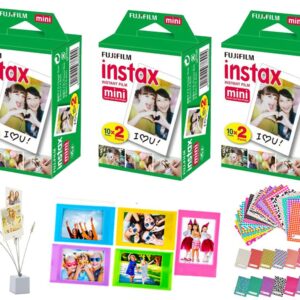 Fujifilm Instax Mini Instant Film, Twin Packs (3 Pack, Total 60,Sheets) 40 Sticker Film Frames + Photo Bouquet Holder