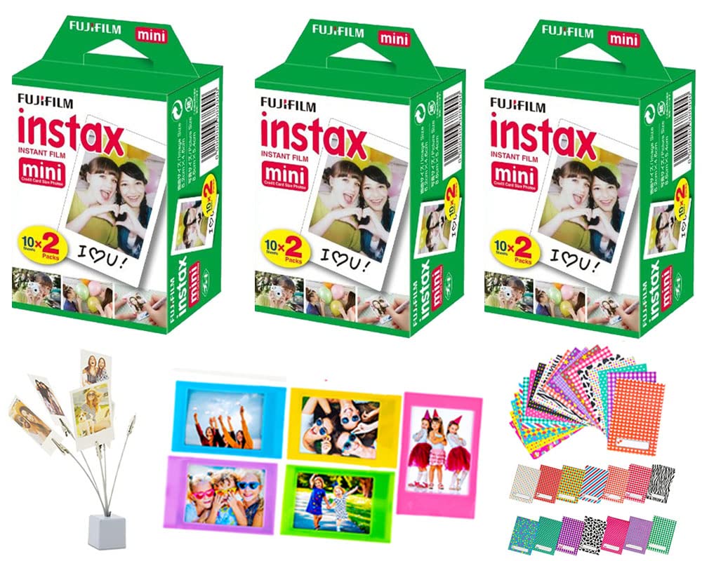 Fujifilm Instax Mini Instant Film, Twin Packs (3 Pack, Total 60,Sheets) 40 Sticker Film Frames + Photo Bouquet Holder