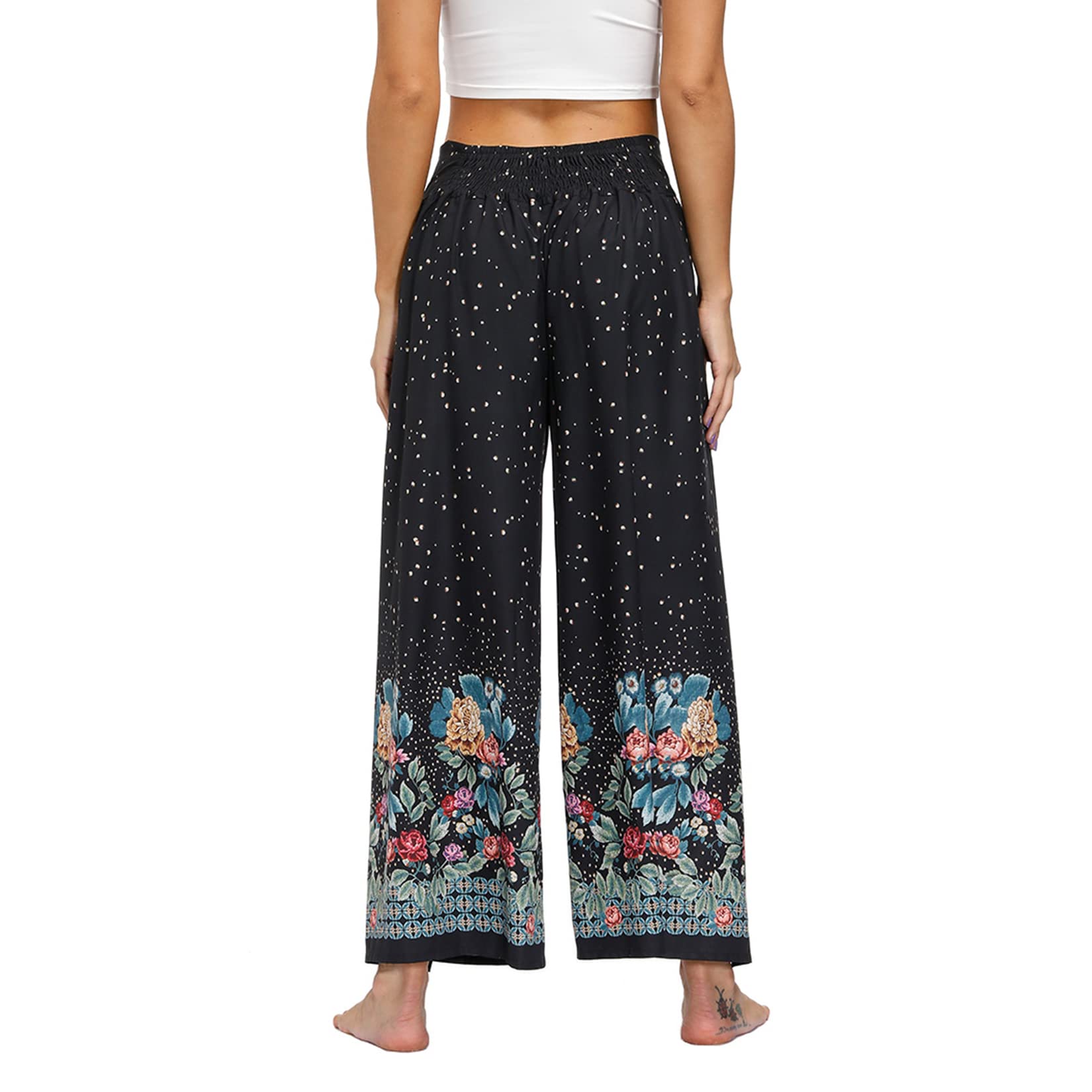 Lu's Chic Women's Palazzo Gaucho Flowy Yoga Pant Boho Flowy Split Side Slit Wide Leg Bohemian Slitted Summer Beach Long Lounge Bottoms Elastic Waist Hippie Print Printed Patterned2 Small-Medium