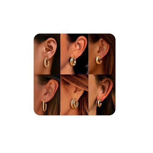 ORAZIO Clip On Earrings for Women 6Pairs Gold Clip On Hoop Earrings For Egirls Chunky Hoops Twist Triple Square Hoop Earrings No Piercing Fake Earrings Set