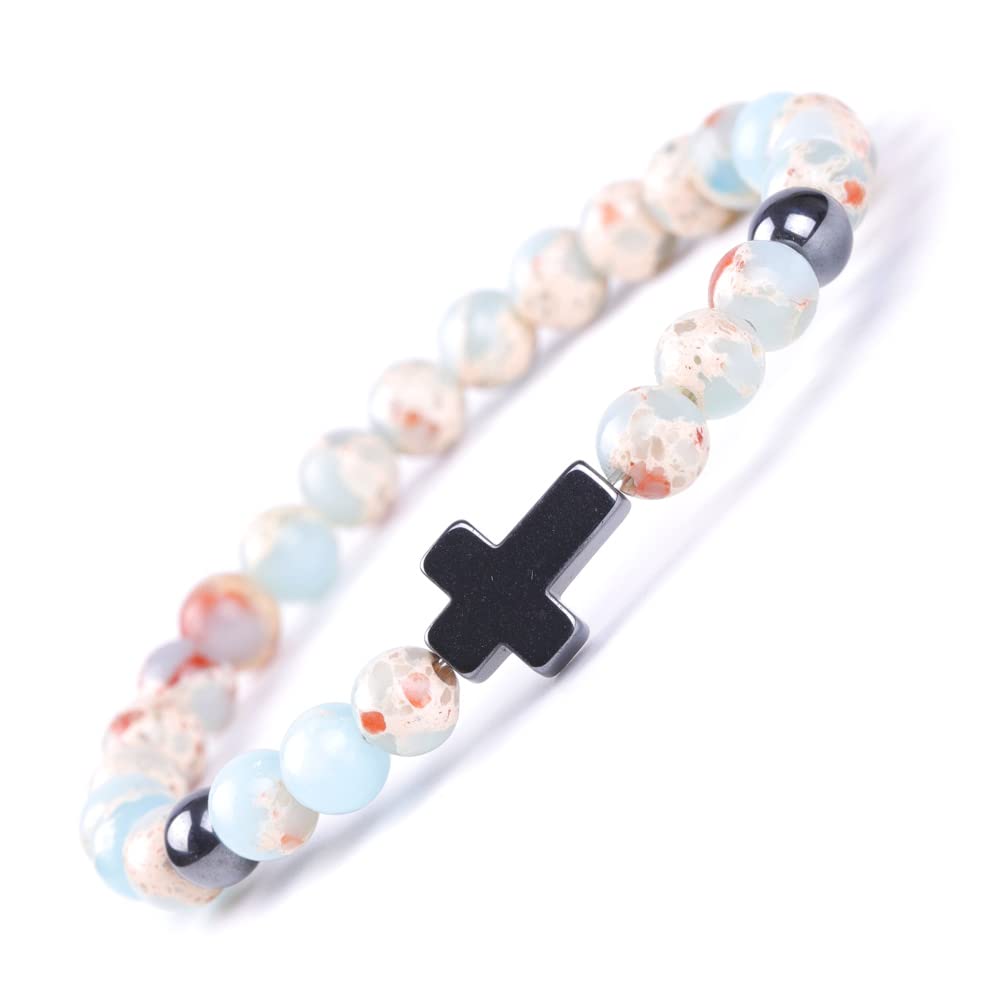 Softones 6mm Cross Beaded Bracelet for Women Natural Stone Stretch Link Prayer Bracelet for Women,7.1"