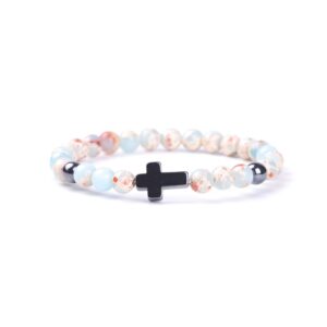 softones 6mm cross beaded bracelet for women natural stone stretch link prayer bracelet for women,7.1"