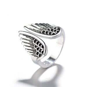 925 Silver Ladies Angel Wings Ring Vintage Thai Silver Stained Black Angel Wings Open Ring Hip Hop Rock Eternity Engagement Wedding Anniversary Band Cocktail Ring 592 (black)