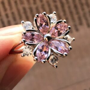 Awmnjtmgpw 925 Sterling Silver Romantic Flower Zircon Ring Fashion Pink Diamond Set Cherry Blossom Ring Women's Fashion Wedding Engagement Ring Size 6-10 (Size 7)