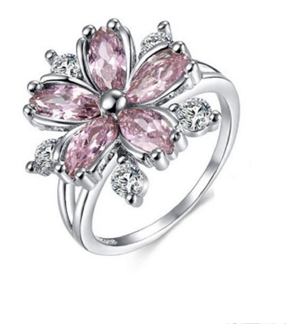 Awmnjtmgpw 925 Sterling Silver Romantic Flower Zircon Ring Fashion Pink Diamond Set Cherry Blossom Ring Women's Fashion Wedding Engagement Ring Size 6-10 (Size 7)