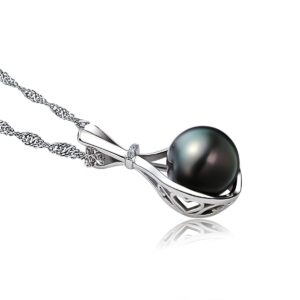 Red Lychee Genuine Black Pearl Necklace AAAA Quality 10 mm Round South Sea Cultured Tahitian Black Pearl Pendant Necklace with Certified Moissanite Gift for Women Wife Mom 18 inches