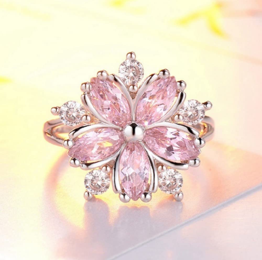 Awmnjtmgpw 925 Sterling Silver Romantic Flower Zircon Ring Fashion Pink Diamond Set Cherry Blossom Ring Women's Fashion Wedding Engagement Ring Size 6-10 (Size 7)