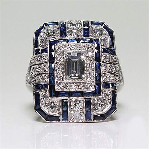 ZJQZBSS 925 Sterling Silver Natural Sparkling Square Sapphire Ladies Ring Blue Gem Cubic Zirconia Promise Ring CZ Luxury Vintage Engagement Wedding Ring (8)