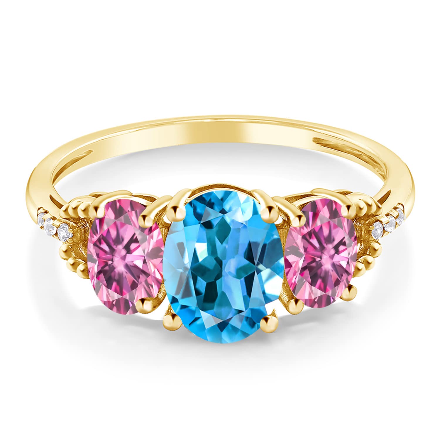 Gem Stone King 10K Yellow Gold 3-Stone Ring Oval Swiss Blue Topaz and Vivid Pink Moissanite (2.46 Cttw) (Size 8)