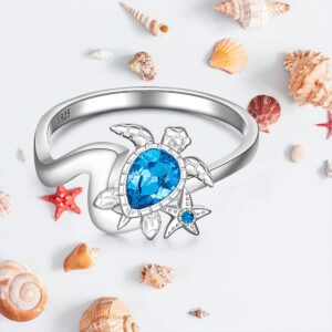 Turtle Ring Sapphire Jewelry for Women Ocean Themed Gifts Sea Starfish Blue Stone Zircon Diamond 925 Wave Ring Sterling Silver for Sister Mom Friend Size 8