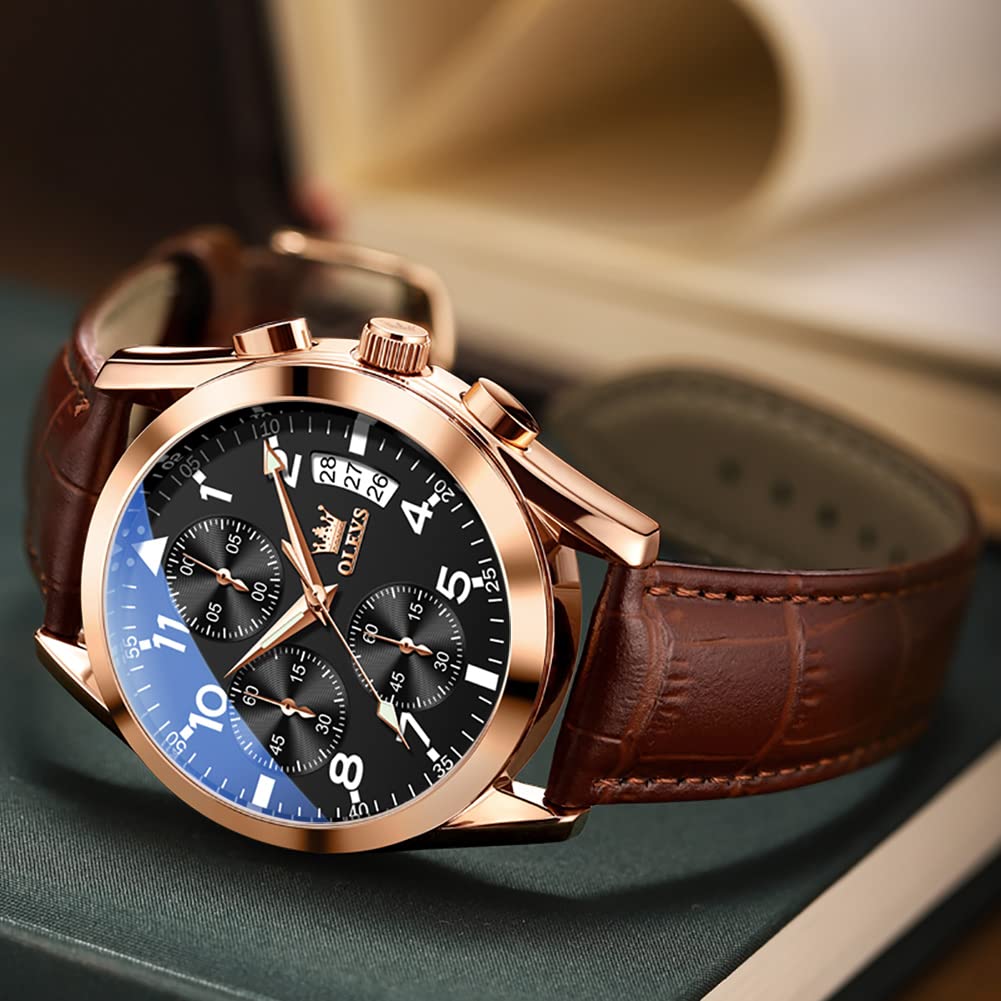 Black Watch for Men Large Face Brown Leather Band Watches with Date Stainless Steel Fashion Men's Chronograph Watches Rose Gold Waterproof Luminous Easy Read Mens Multifunction Aviator Watch for Men