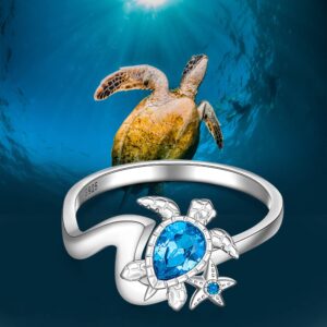 Turtle Ring Sapphire Jewelry for Women Ocean Themed Gifts Sea Starfish Blue Stone Zircon Diamond 925 Wave Ring Sterling Silver for Sister Mom Friend Size 8