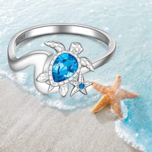 Turtle Ring Sapphire Jewelry for Women Ocean Themed Gifts Sea Starfish Blue Stone Zircon Diamond 925 Wave Ring Sterling Silver for Sister Mom Friend Size 8