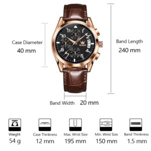 Black Watch for Men Large Face Brown Leather Band Watches with Date Stainless Steel Fashion Men's Chronograph Watches Rose Gold Waterproof Luminous Easy Read Mens Multifunction Aviator Watch for Men