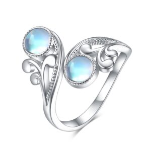 TIGER RIDER Double Moonstone Wave Rings for Women 925 Sterling Silver Filigree Ring for Girls Mother Daughter Gifts Size 8