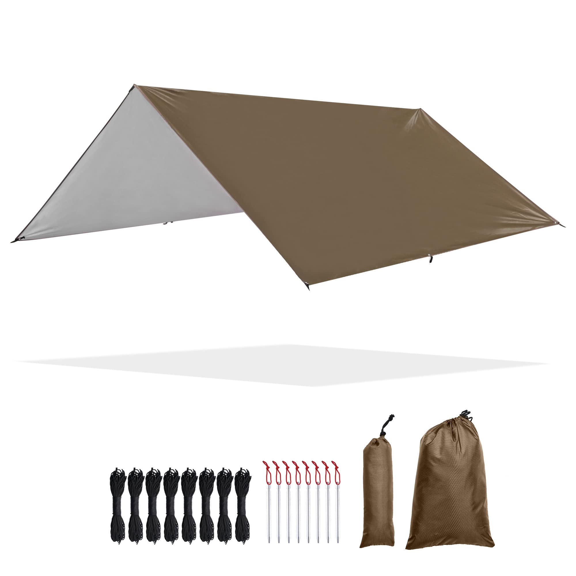 Yescom Hammock Rain Fly Waterproof Tent Tarp, 210D Oxford, UV Protection and PU3000mm Lightweight Shelter Canopy Including Accessories for Camping, Backpacking and Outdoor Adventure (Brown-10x10FT)