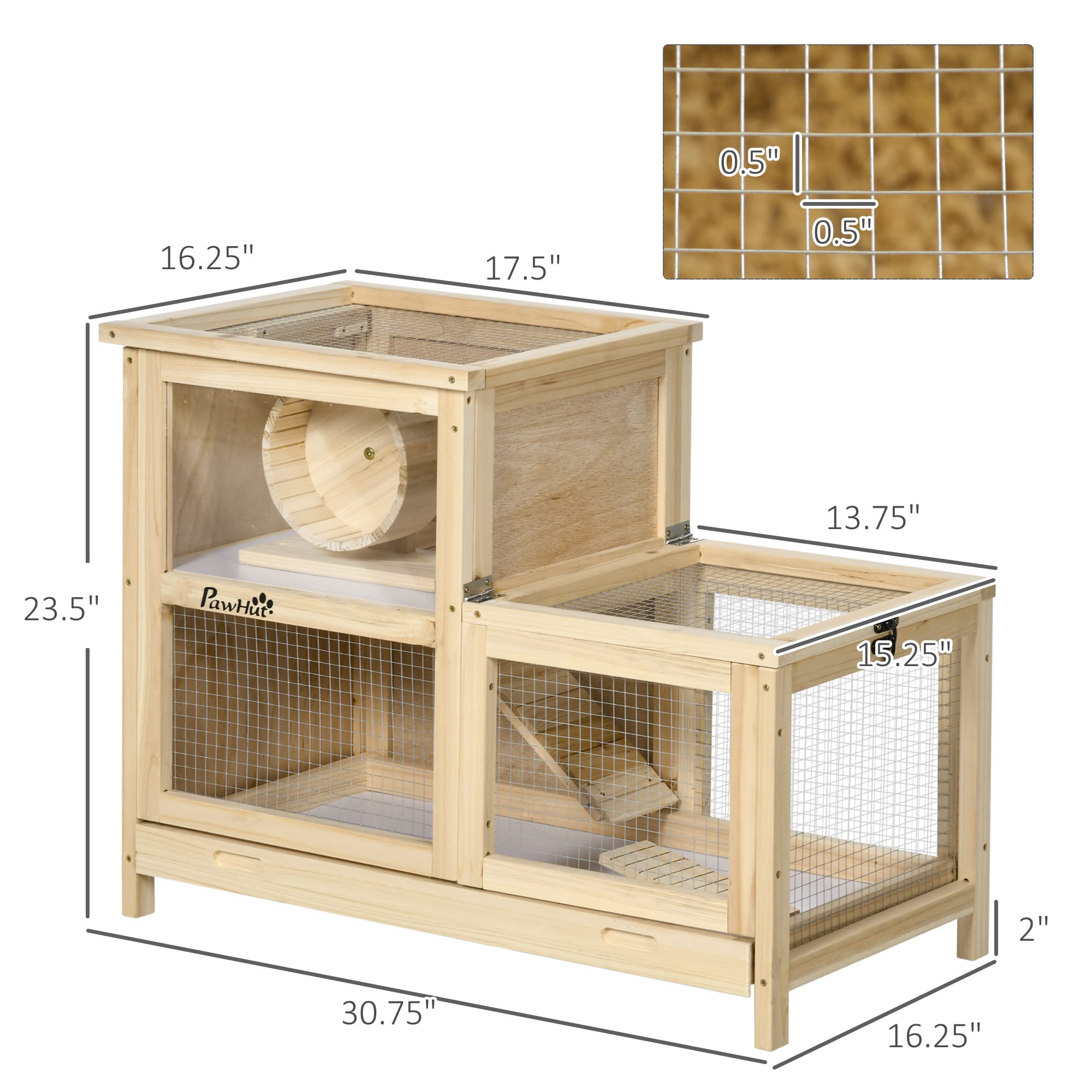 PawHut Extra Large Wooden Hamster Cage with Sliding Tray, Large Hamster Cage Including Seesaw, Small Animal Habitats with Openable Roofs, Wide Ramp for Racing, Running Wheel, Natural