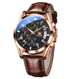 Black Watch for Men Large Face Brown Leather Band Watches with Date Stainless Steel Fashion Men's Chronograph Watches Rose Gold Waterproof Luminous Easy Read Mens Multifunction Aviator Watch for Men