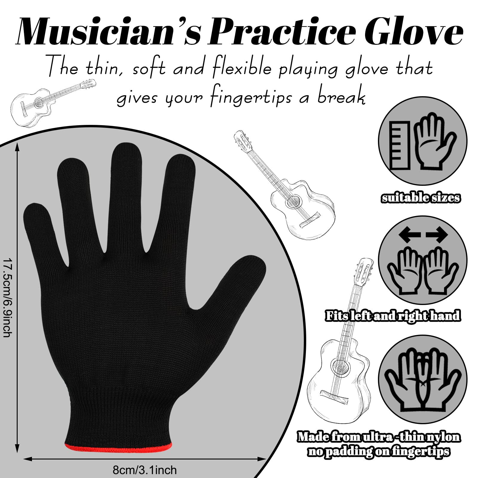 Jiuguva Practice Glove 4 Pieces Guard Guitar Gloves Black Bass Glove for Men Women Musicians Guitar Players Finger Hand Protector Instrument Accessories, Medium