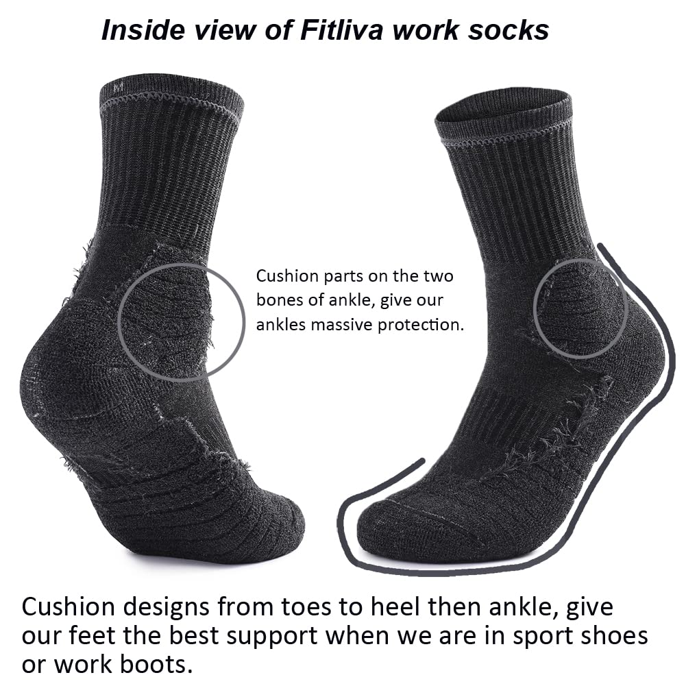 Fitliva Work Socks for Steel Toe Boots Men Size 13-15 Cushioned Cotton Crew Socks 6 Pack Black