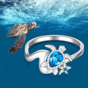 Turtle Ring Sapphire Jewelry for Women Ocean Themed Gifts Sea Starfish Blue Stone Zircon Diamond 925 Wave Ring Sterling Silver for Sister Mom Friend Size 8