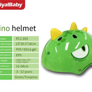 RoyalBaby Kids Bike Helmet Toddler to Youth Sizes for Boys Girls Dinosaur Helmet Green Dino Helmets for Multi-Sport